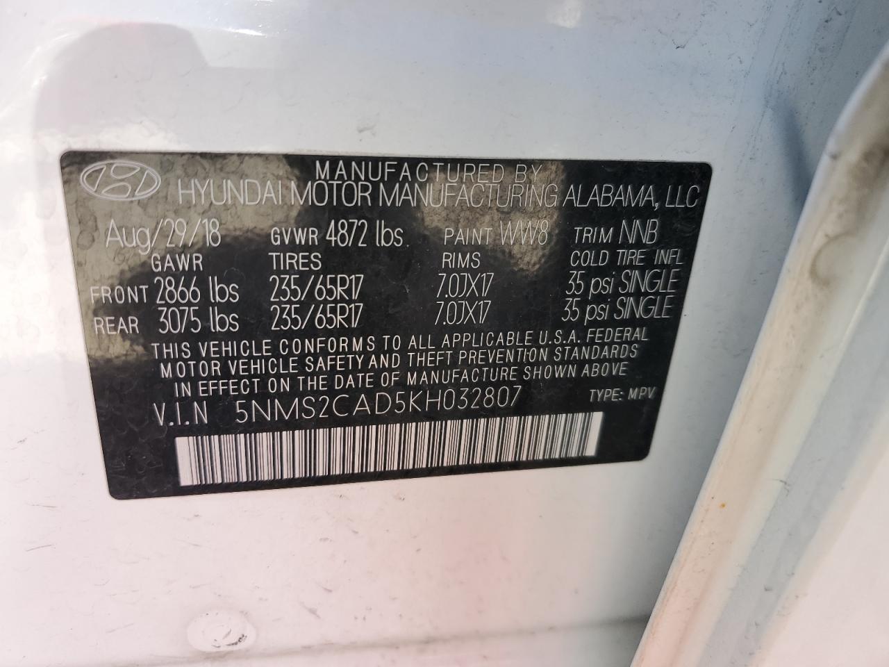 5NMS2CAD5KH032807 2019 Hyundai Santa Fe Se