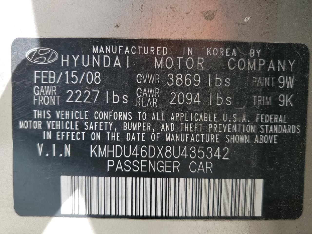 KMHDU46DX8U435342 2008 Hyundai Elantra Gls