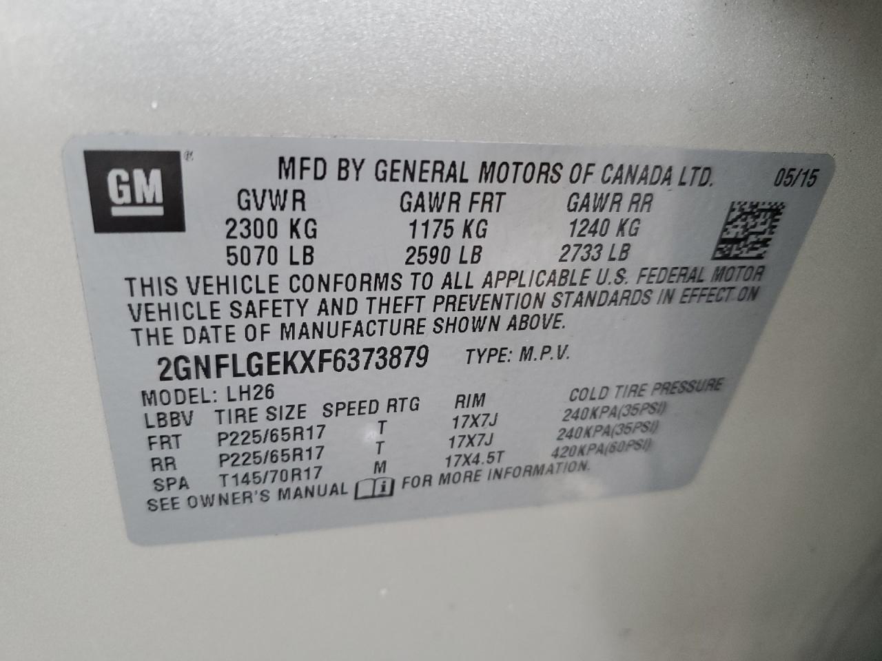 2GNFLGEKXF6373879 2015 Chevrolet Equinox Lt