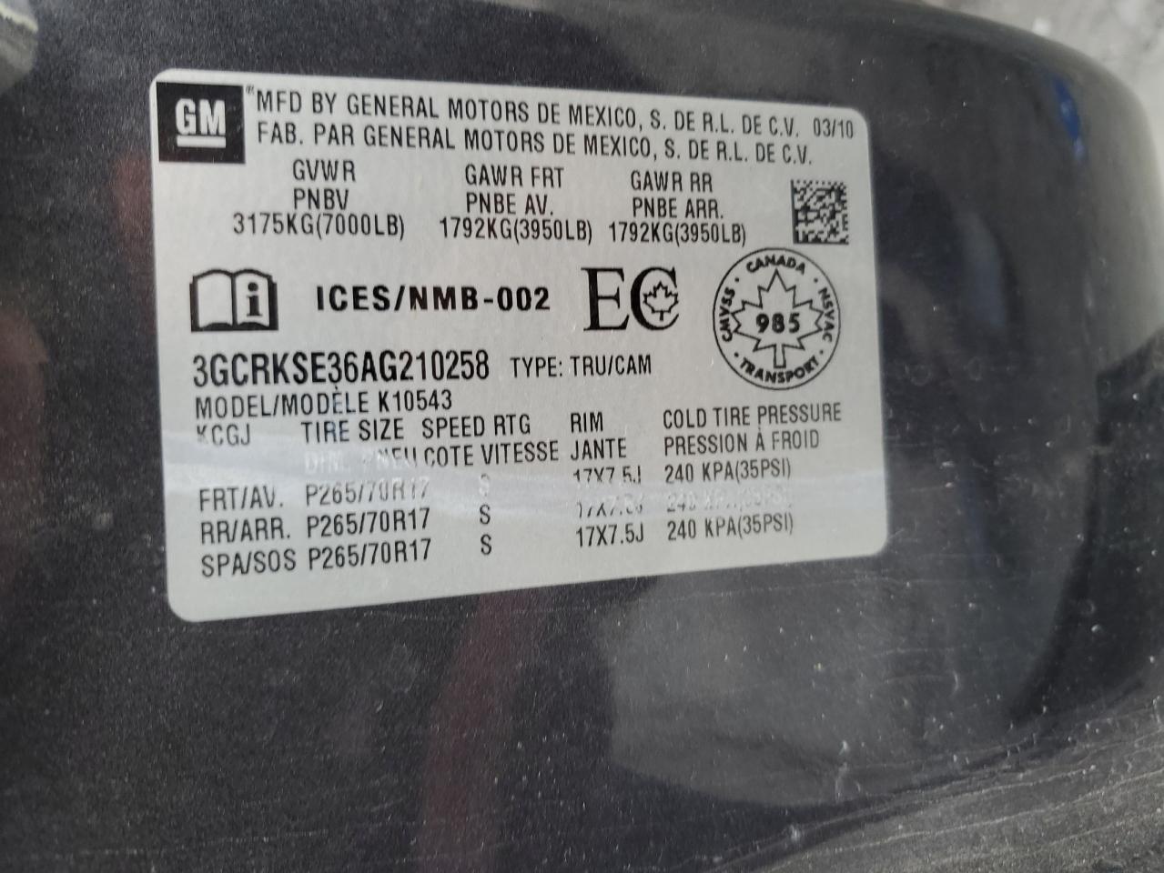 3GCRKSE36AG210258 2010 Chevrolet Silverado K1500 Lt