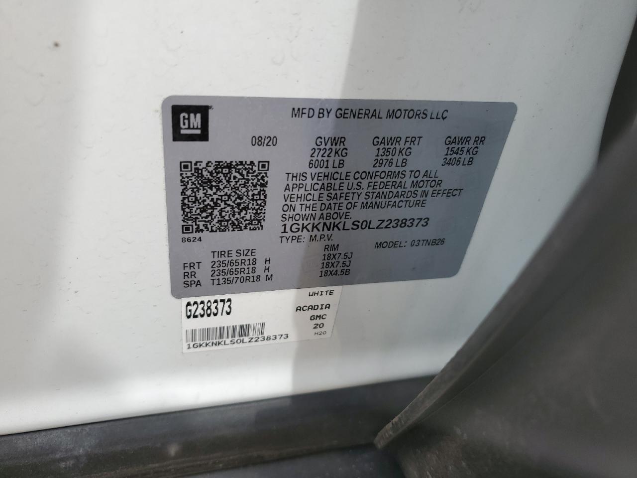 1GKKNKLS0LZ238373 2020 GMC Acadia Sle