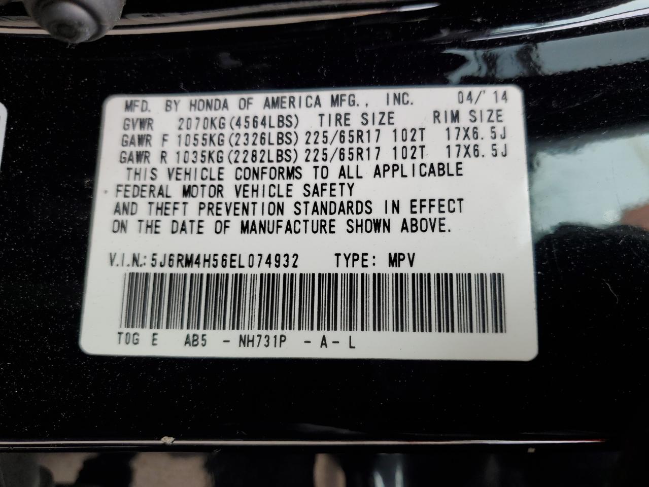 5J6RM4H56EL074932 2014 Honda Cr-V Ex