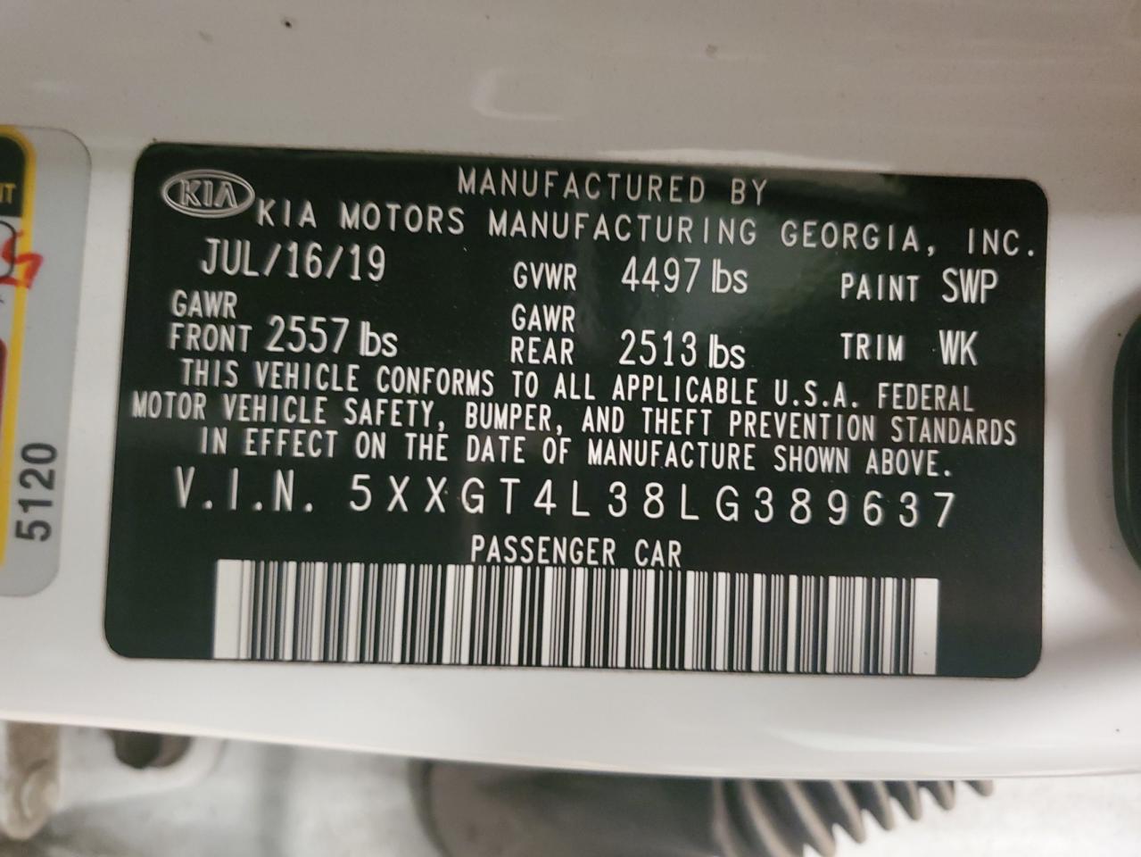 5XXGT4L38LG389637 2020 Kia Optima Lx