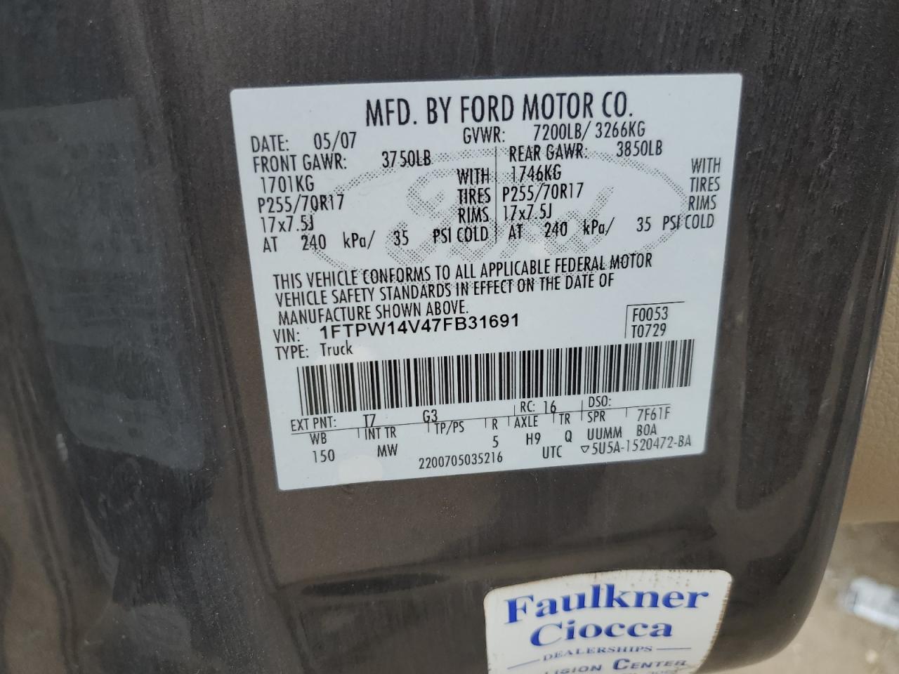 1FTPW14V47FB31691 2007 Ford F150 Supercrew