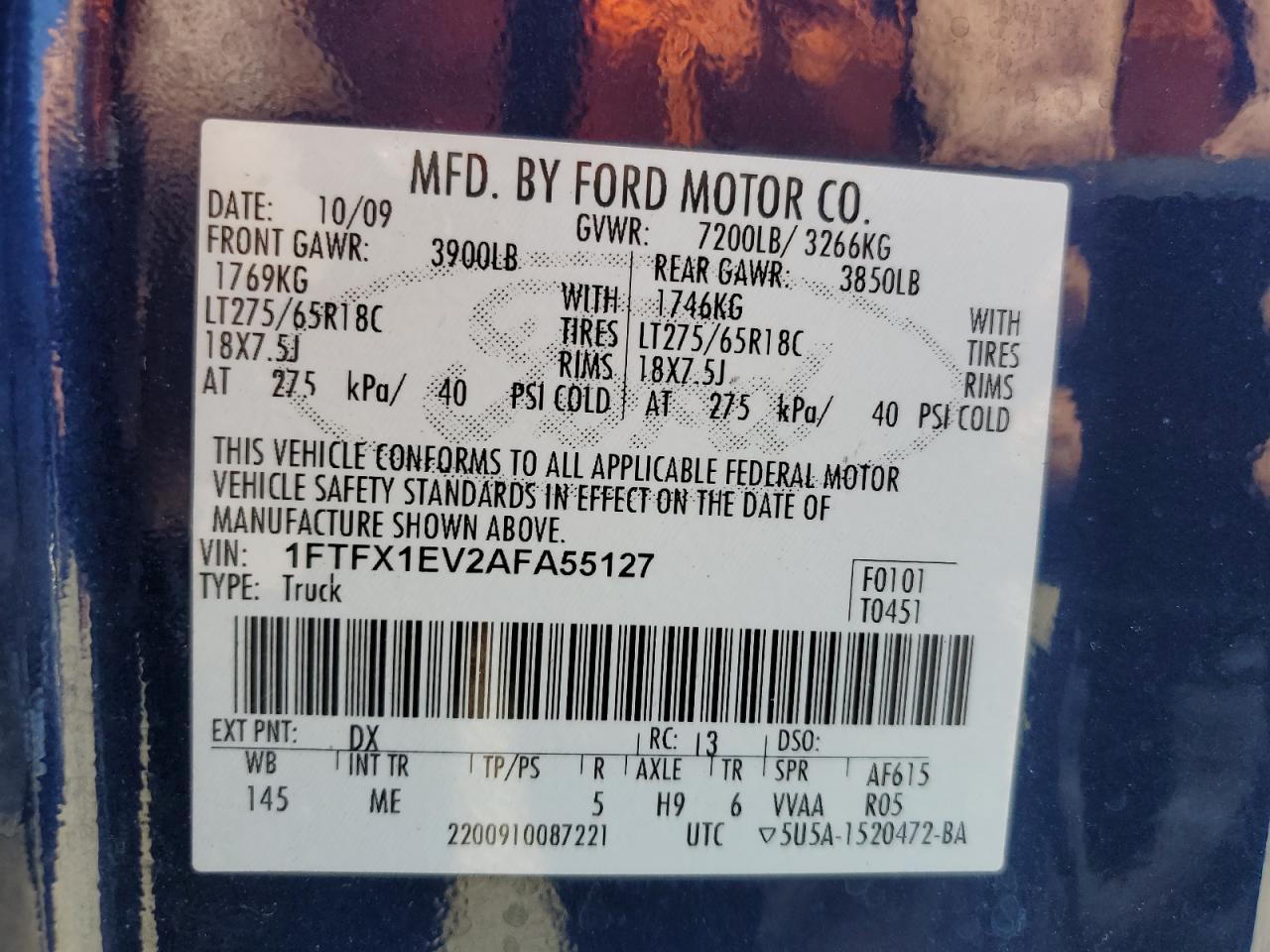 1FTFX1EV2AFA55127 2010 Ford F-150 Xlt