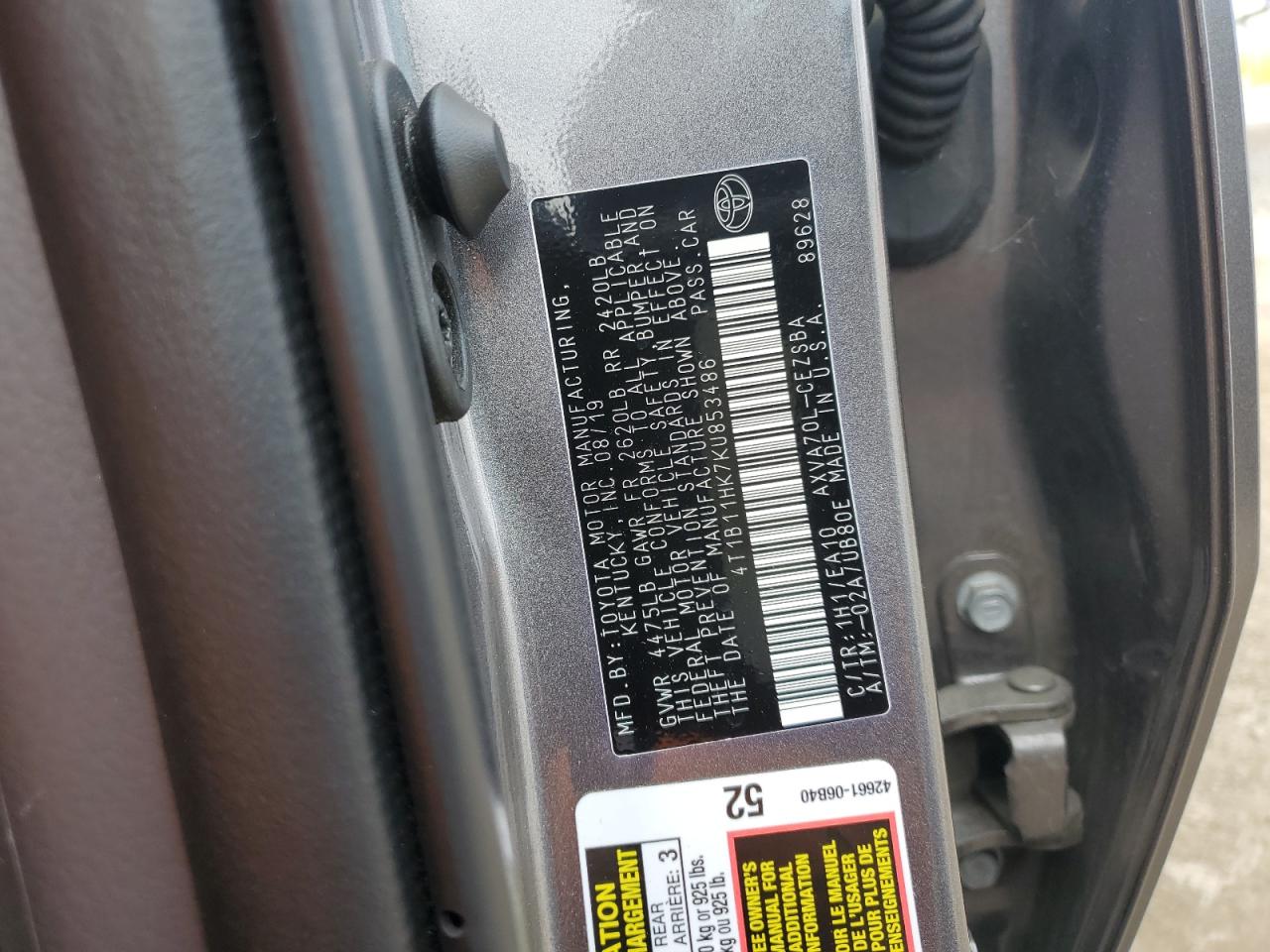 4T1B11HK7KU853486 2019 Toyota Camry L