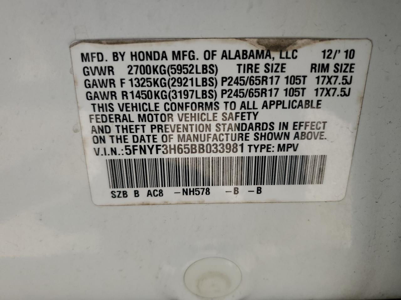 5FNYF3H65BB033981 2011 Honda Pilot Exl