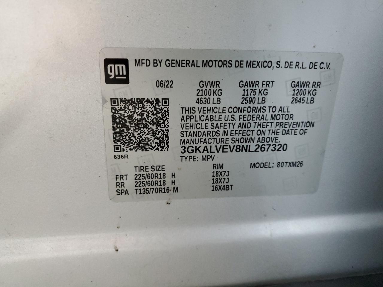 3GKALVEV8NL267320 2022 GMC Terrain Slt