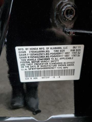 2011 Honda Pilot Touring VIN: 5FNYF4H94BB092827 Lot: 50039754