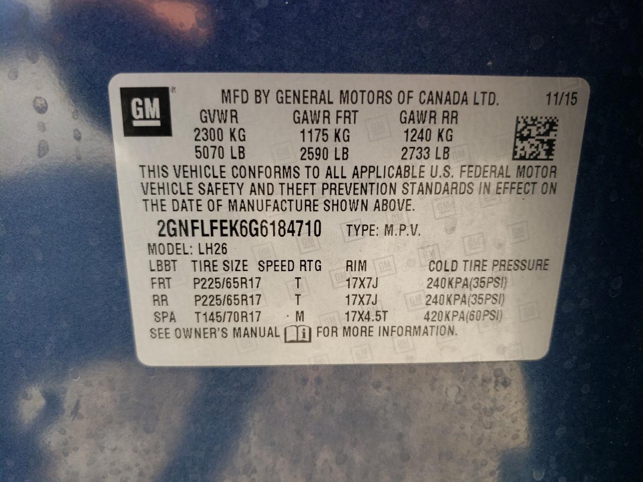 2GNFLFEK6G6184710 2016 Chevrolet Equinox Lt