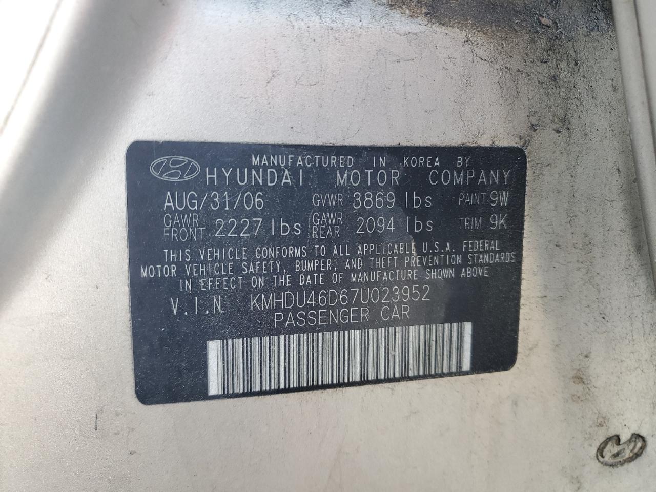 KMHDU46D67U023952 2007 Hyundai Elantra Gls