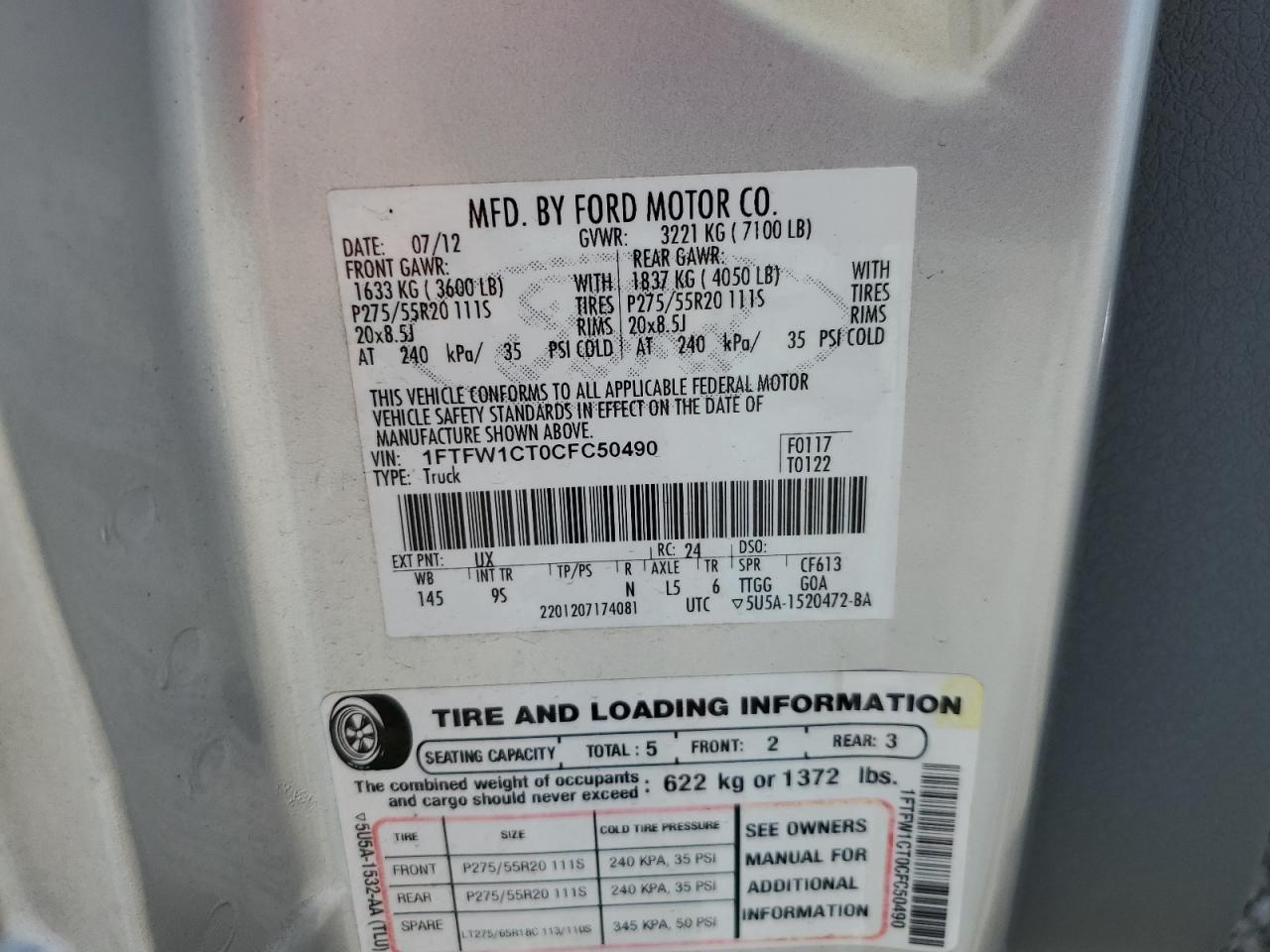 1FTFW1CT0CFC50490 2012 Ford F150 Supercrew