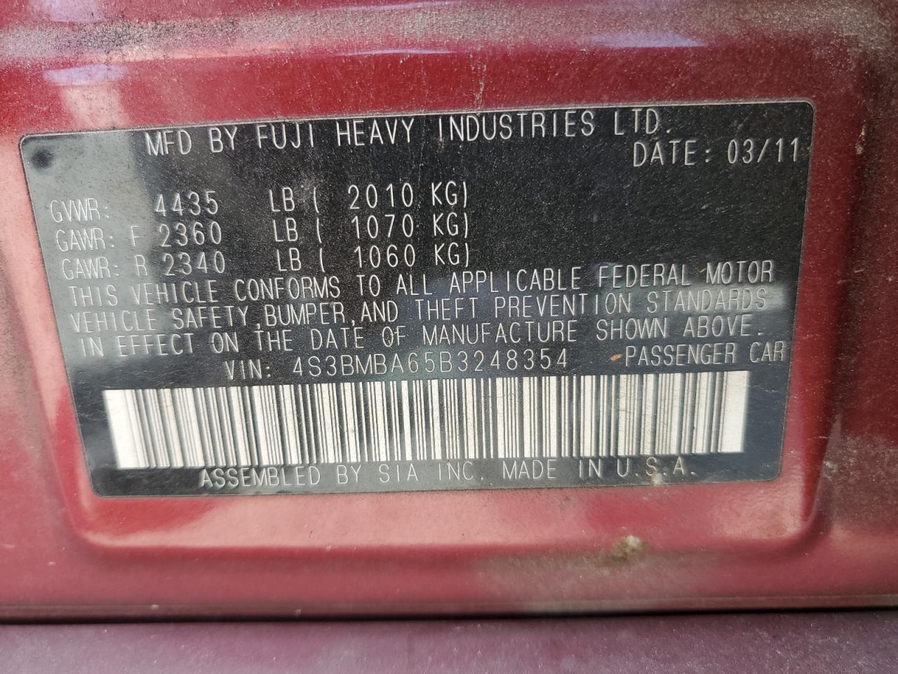 4S3BMBA65B3248354 2011 Subaru Legacy 2.5I