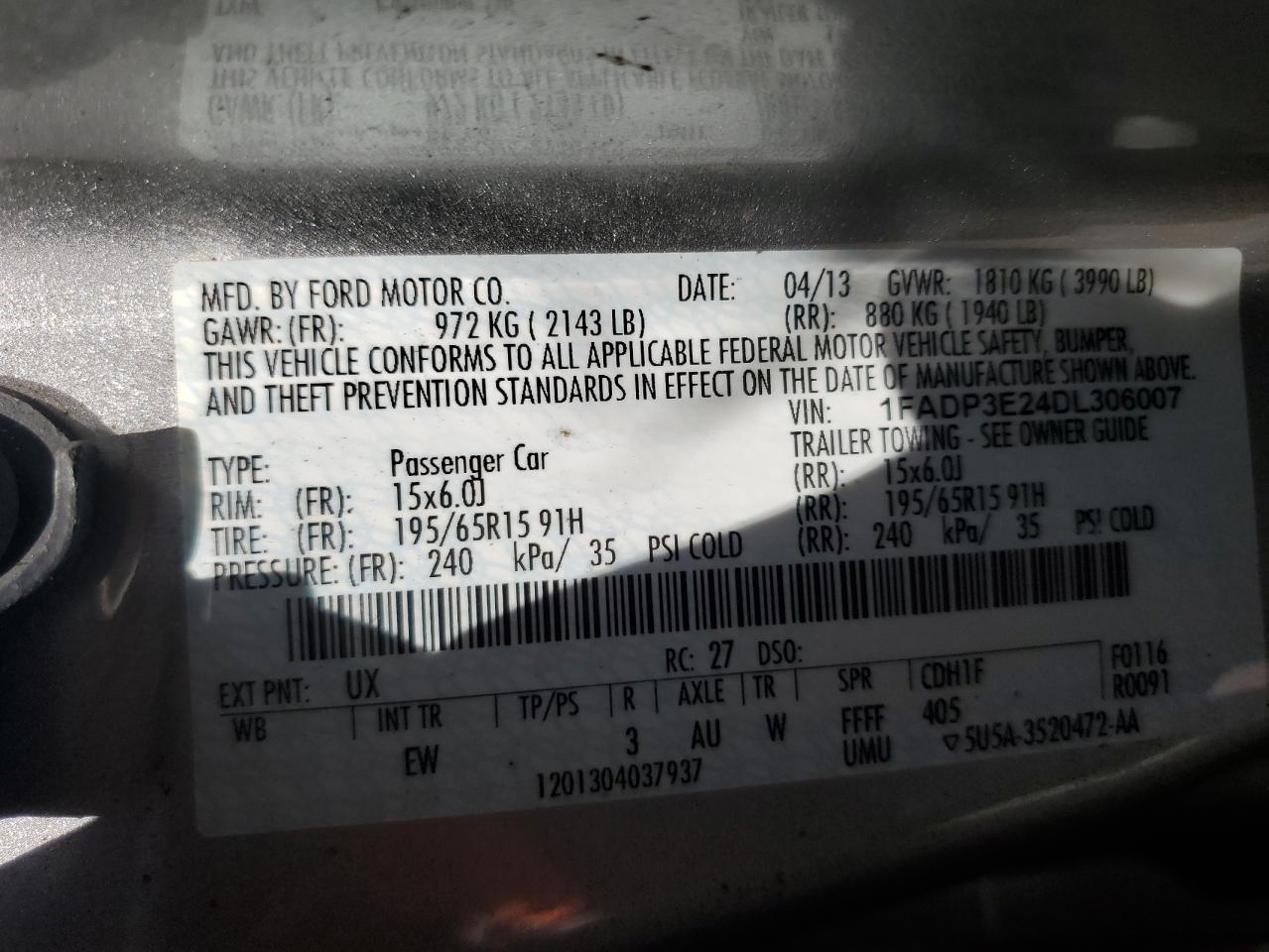 1FADP3E24DL306007 2013 Ford Focus S