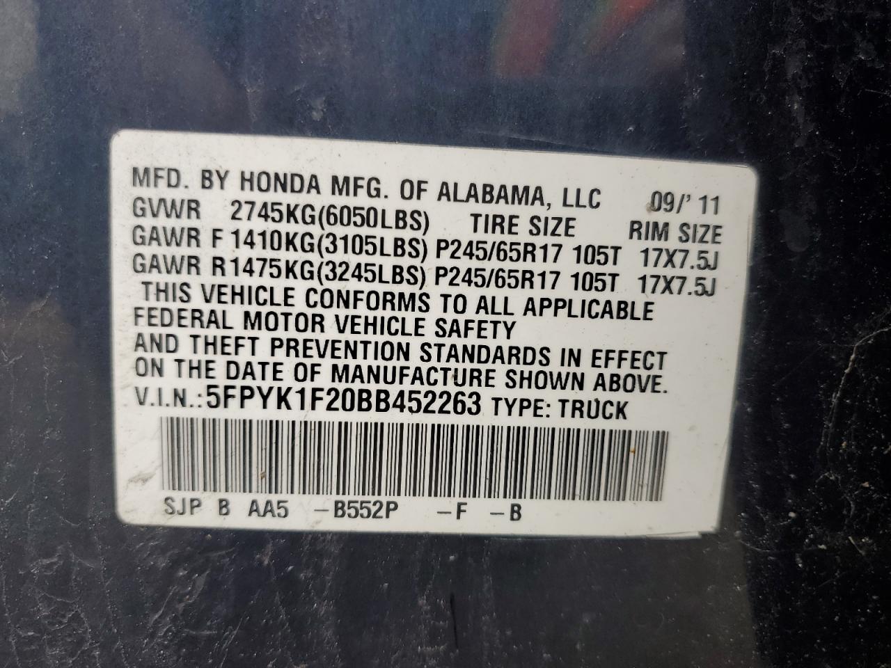 5FPYK1F20BB452263 2011 Honda Ridgeline Rt