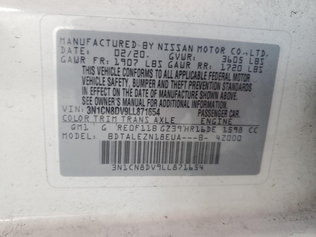 3N1CN8DV9LL871654 2020 Nissan Versa S