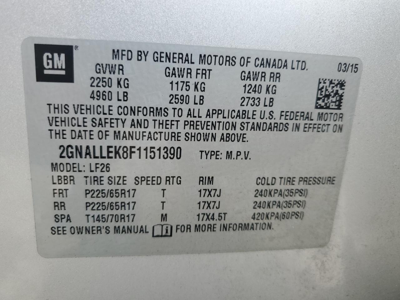 2GNALLEK8F1151390 2015 Chevrolet Equinox L