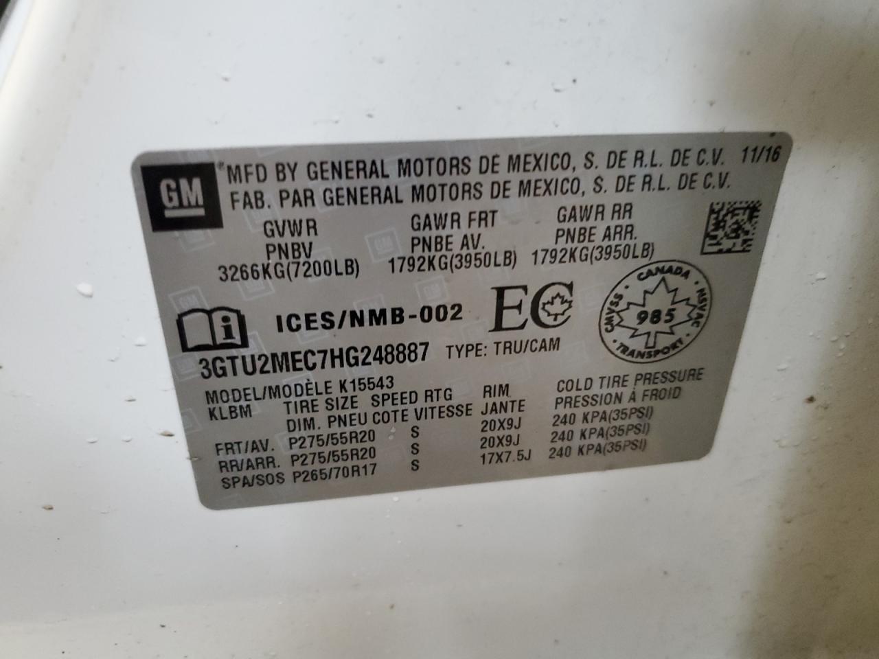 3GTU2MEC7HG248887 2017 GMC Sierra K1500 Sle