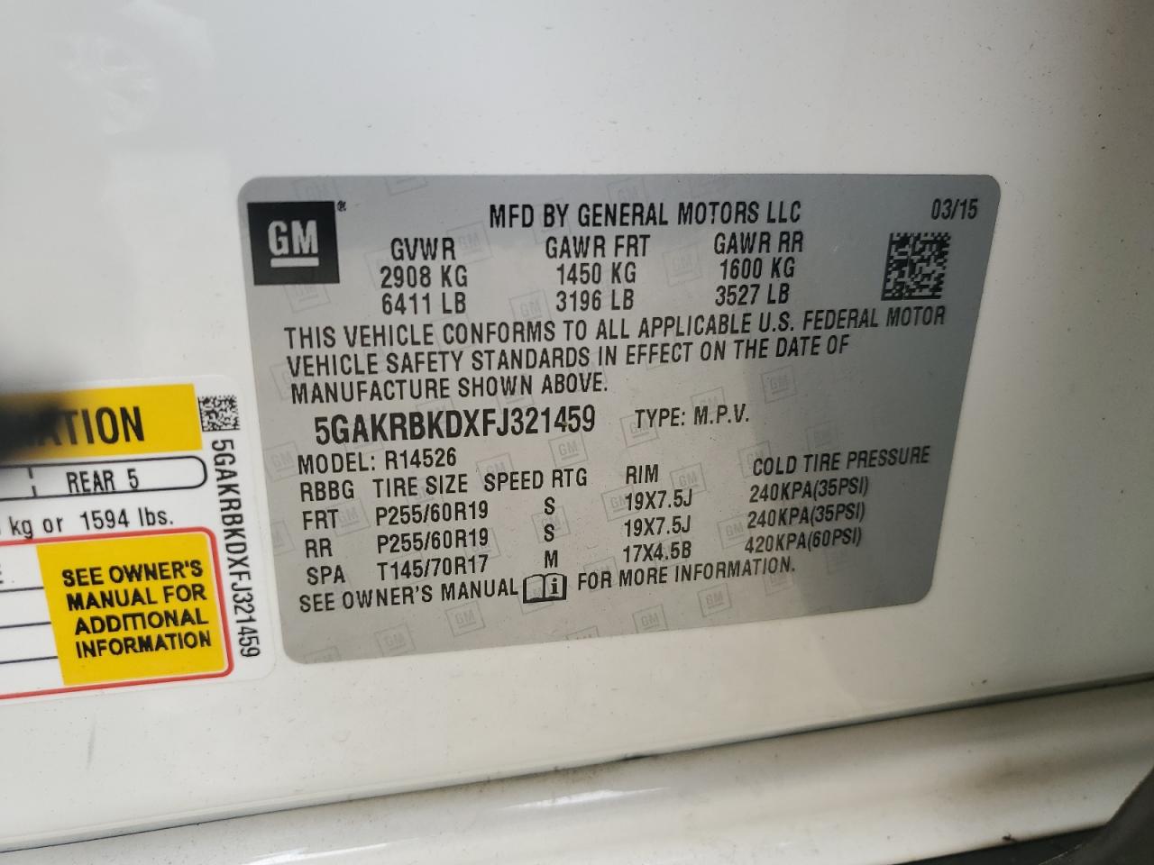 5GAKRBKDXFJ321459 2015 Buick Enclave