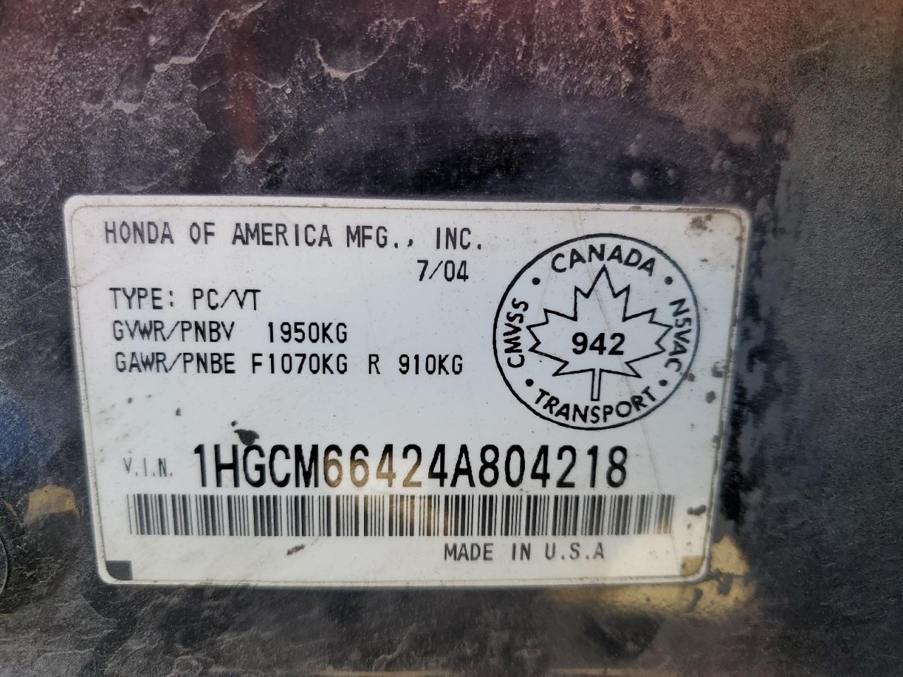 1HGCM66424A804218 2004 Honda Accord Ex