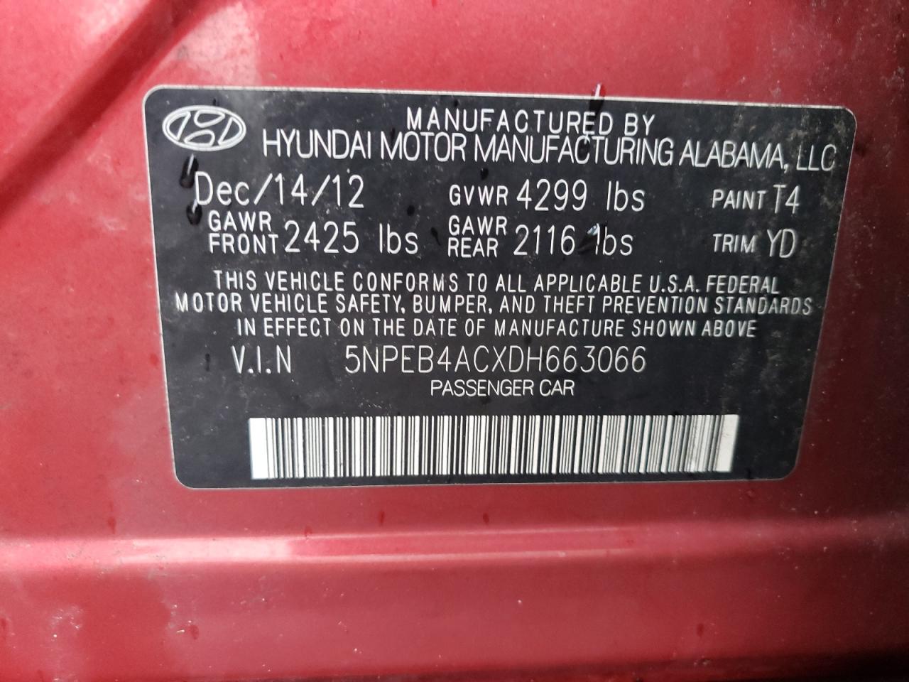 5NPEB4ACXDH663066 2013 Hyundai Sonata Gls