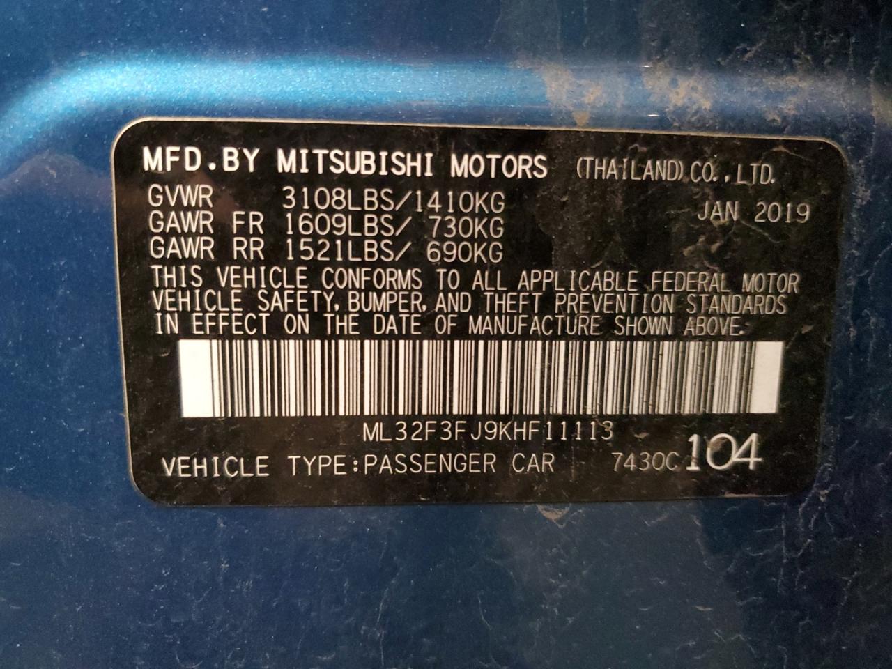 2019 Mitsubishi Mirage G4 Es vin: ML32F3FJ9KHF11113