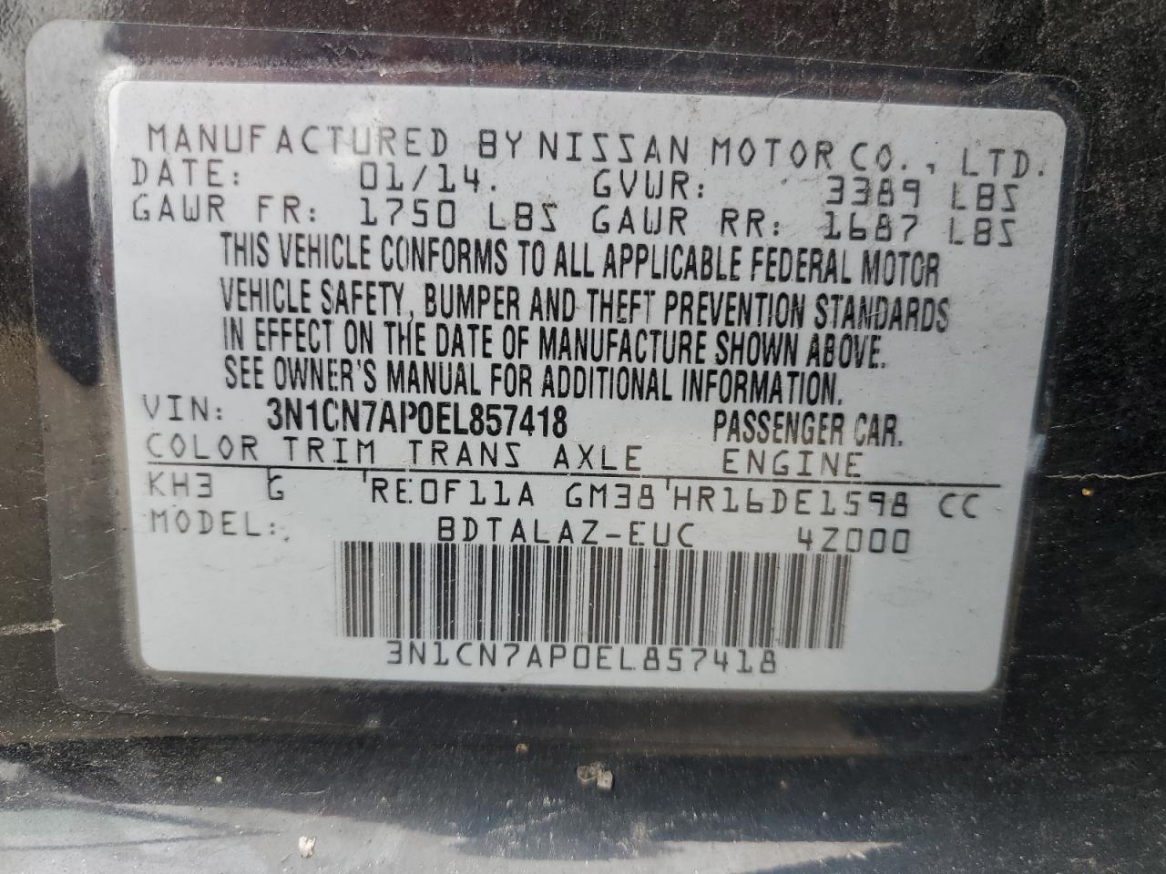 3N1CN7AP0EL857418 2014 Nissan Versa S