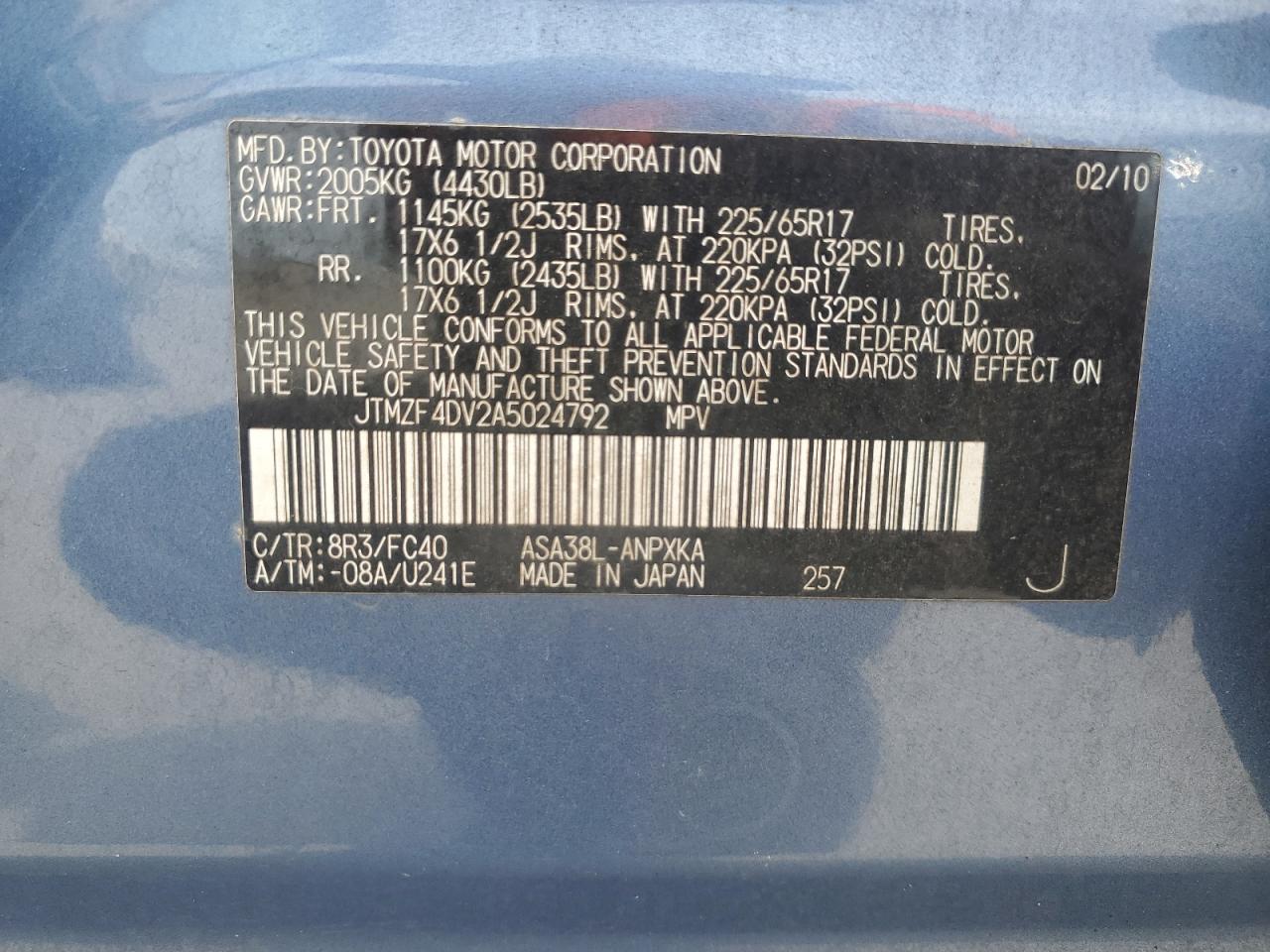 JTMZF4DV2A5024792 2010 Toyota Rav4