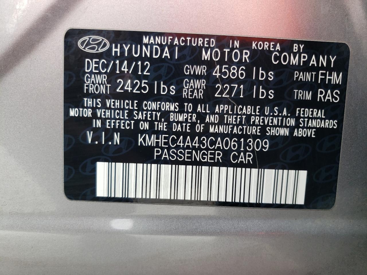 KMHEC4A43CA061309 2012 Hyundai Sonata Hybrid