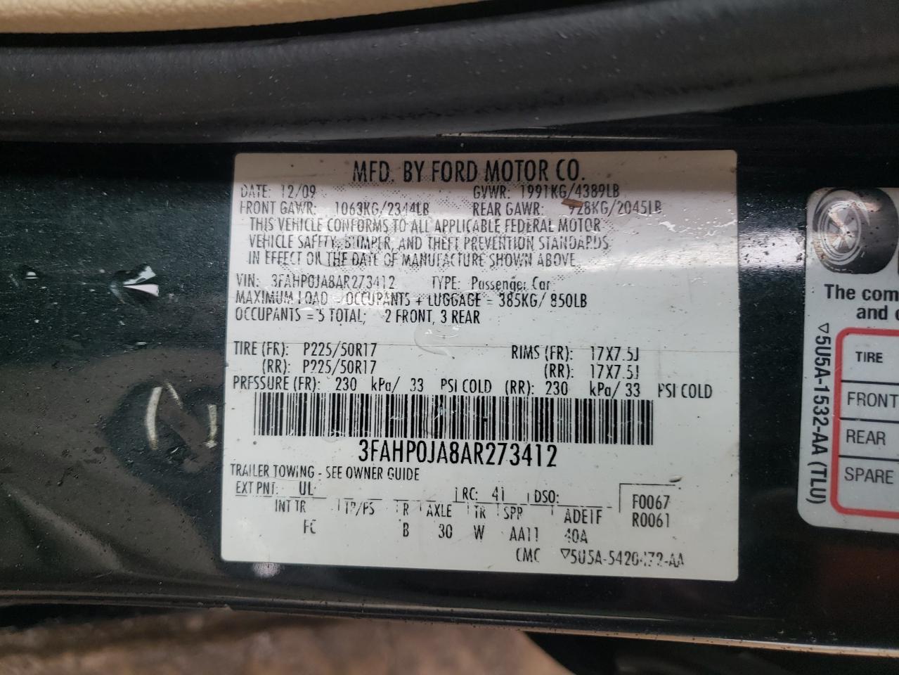 3FAHP0JA8AR273412 2010 Ford Fusion Sel