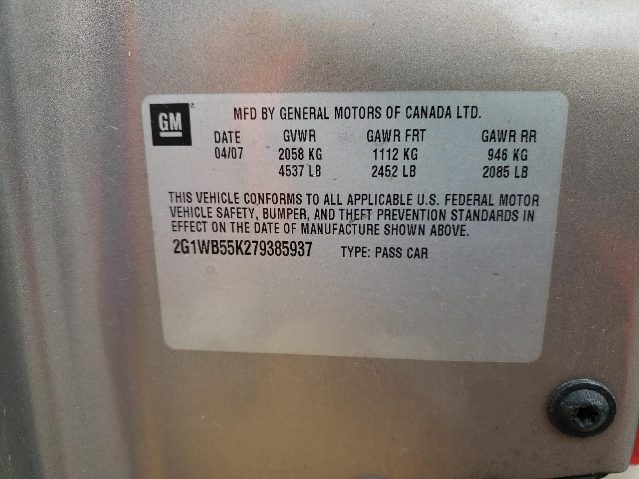 2G1WB55K279385937 2007 Chevrolet Impala Ls