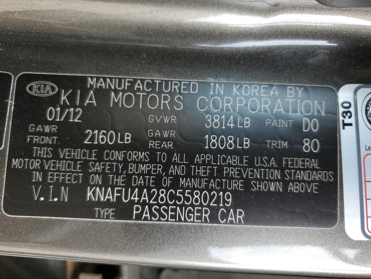 KNAFU4A28C5580219 2012 Kia Forte Ex