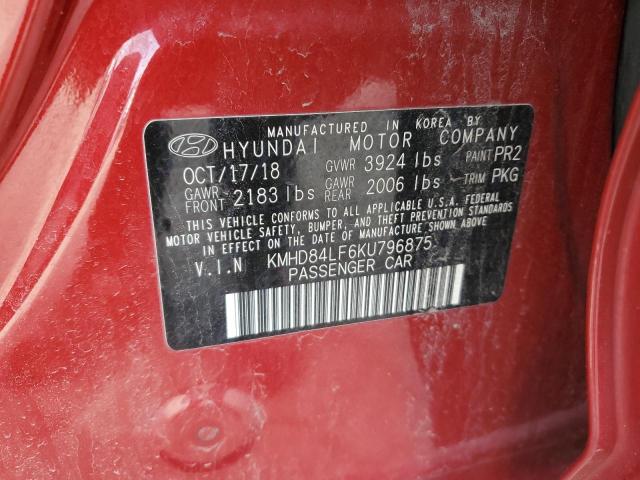 2019 Hyundai Elantra Sel VIN: KMHD84LF6KU796875 Lot: 51743094