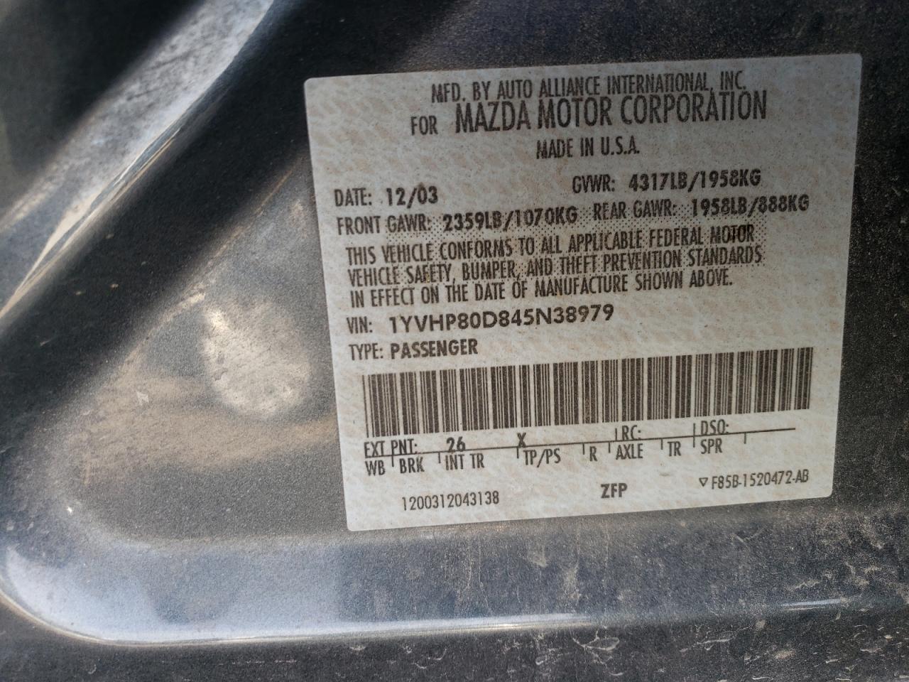 1YVHP80D845N38979 2004 Mazda 6 S