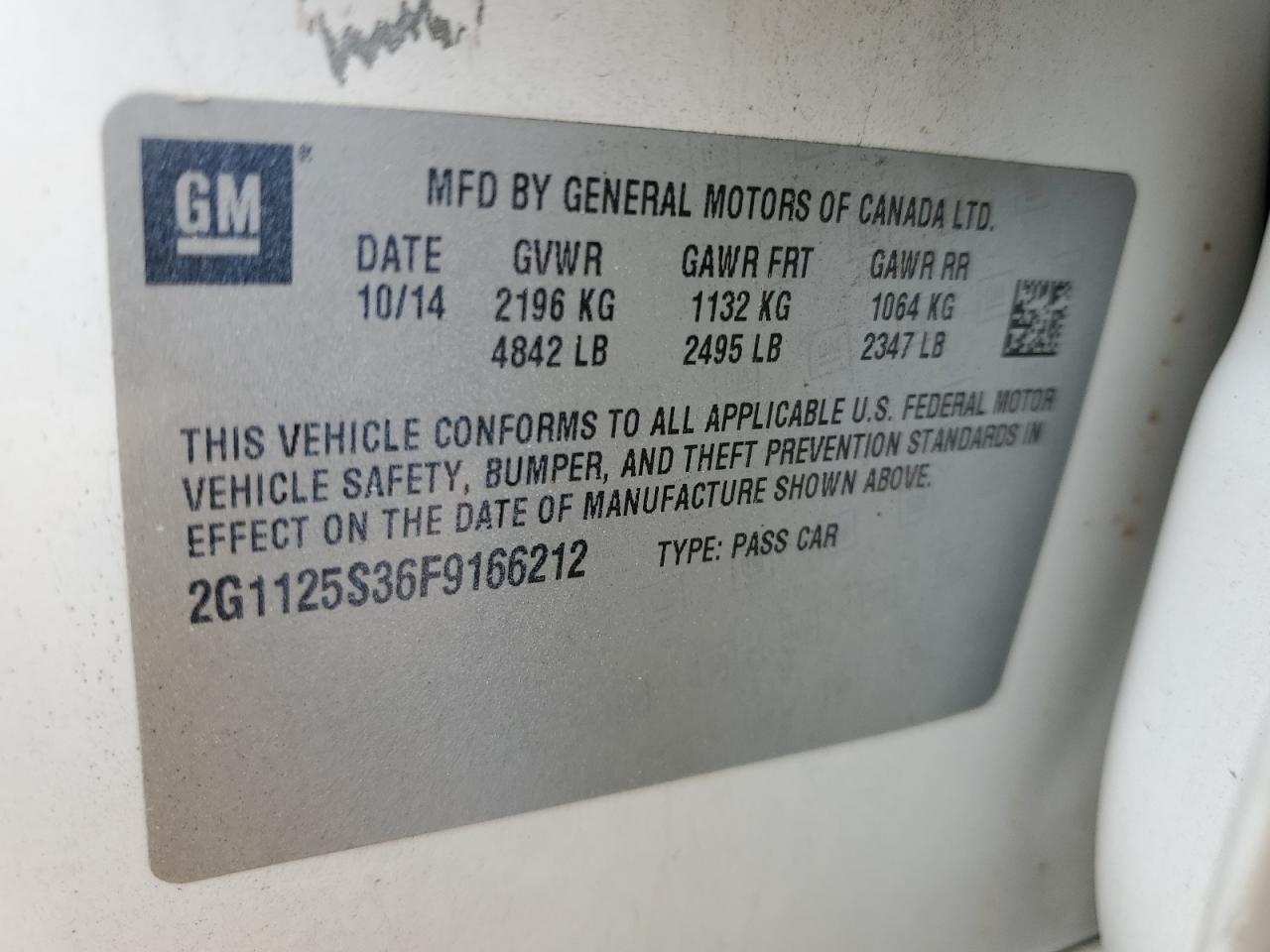2G1125S36F9166212 2015 Chevrolet Impala Lt