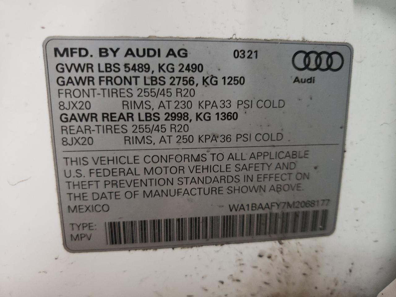 WA1BAAFY7M2068177 2021 Audi Q5 Premium Plus