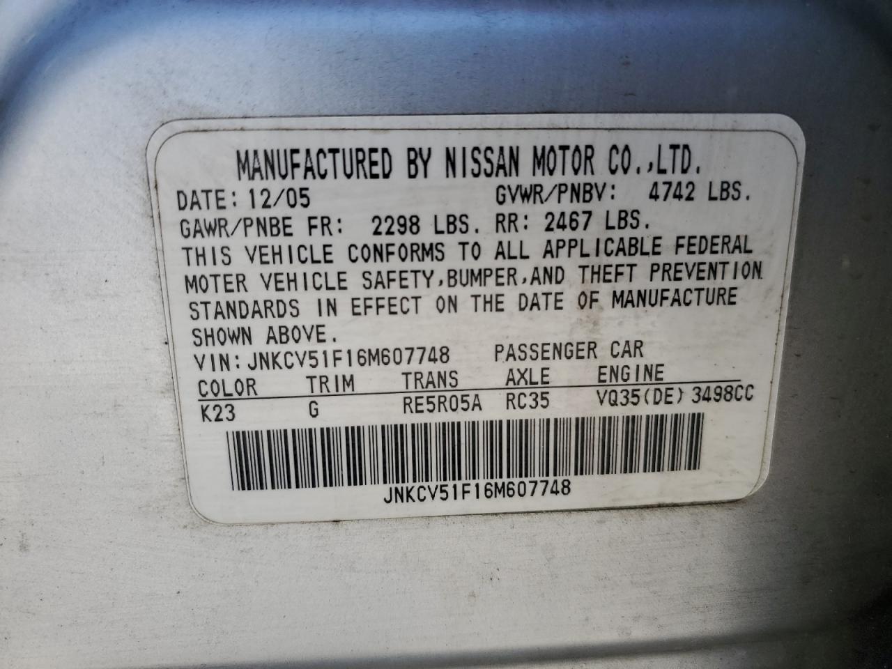 JNKCV51F16M607748 2006 Infiniti G35