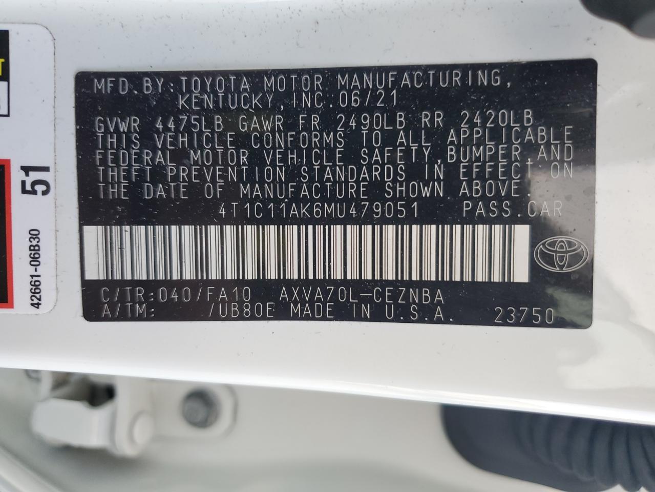 4T1C11AK6MU479051 2021 Toyota Camry Le