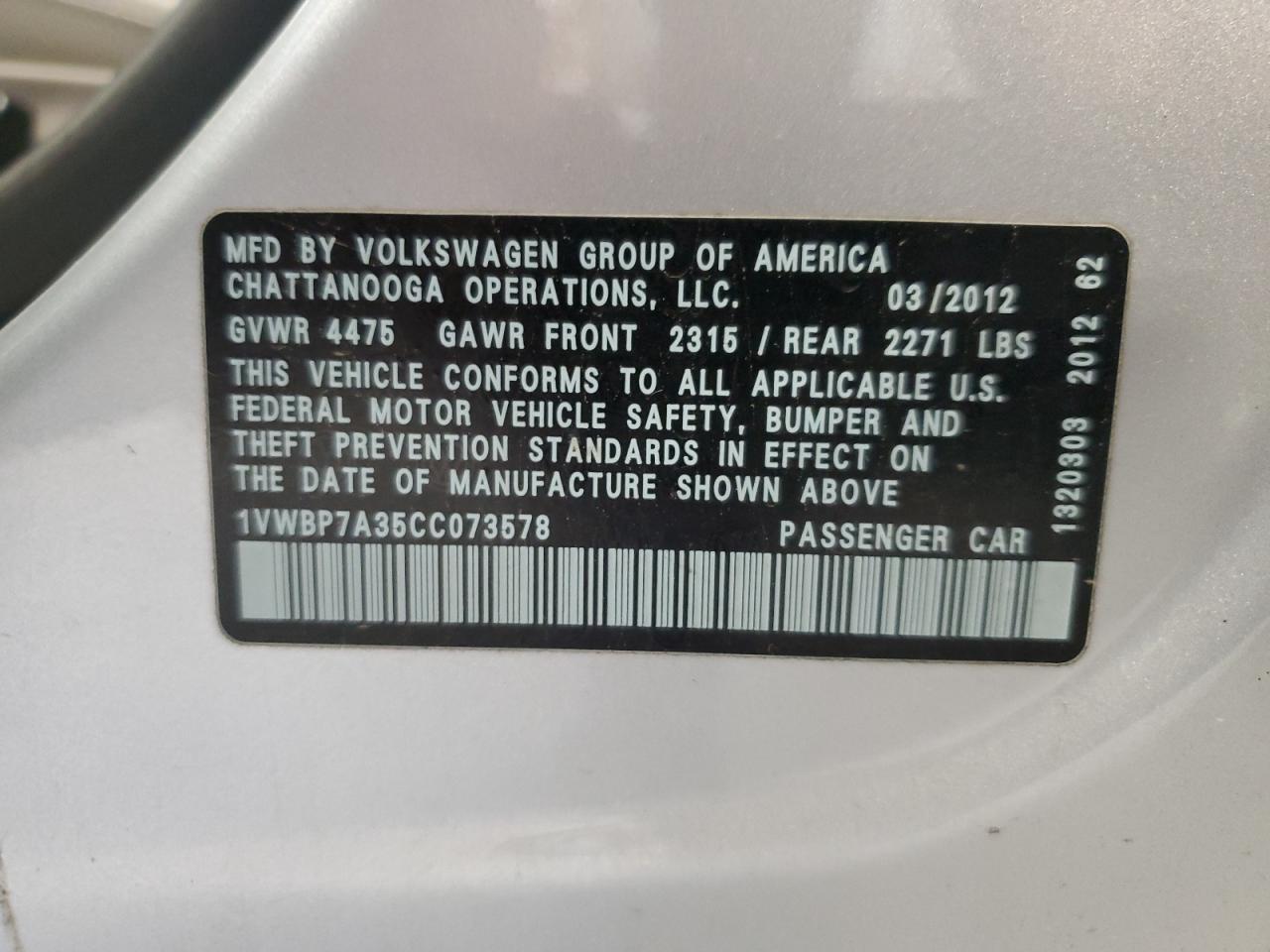 2012 Volkswagen Passat Se vin: 1VWBP7A35CC073578