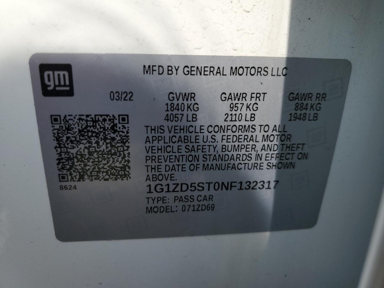 1G1ZD5ST0NF132317 2022 Chevrolet Malibu Lt