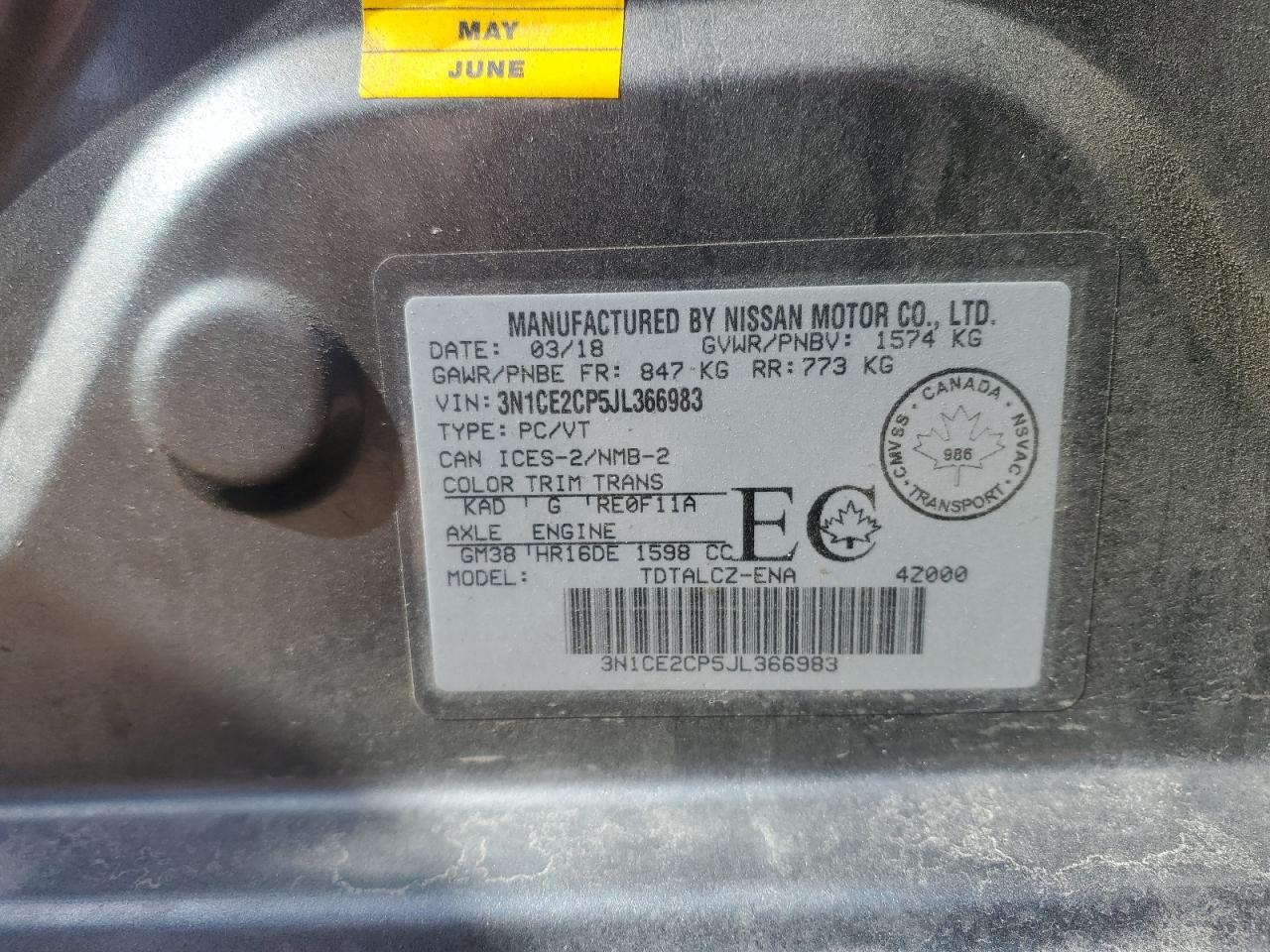 3N1CE2CP5JL366983 2018 Nissan Versa Note S