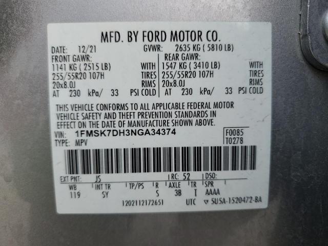 2022 Ford Explorer Xlt VIN: 1FMSK7DH3NGA34374 Lot: 51833894