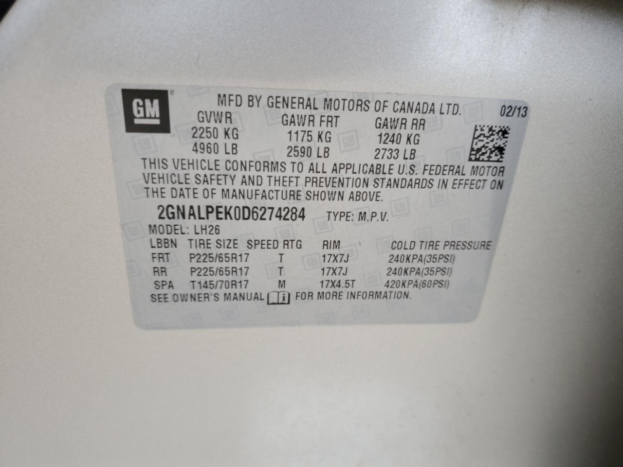 2GNALPEK0D6274284 2013 Chevrolet Equinox Lt