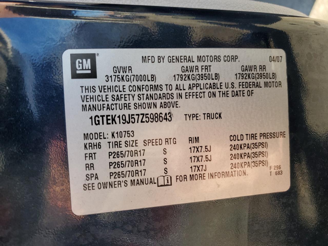 1GTEK19J57Z598643 2007 GMC New Sierra K1500