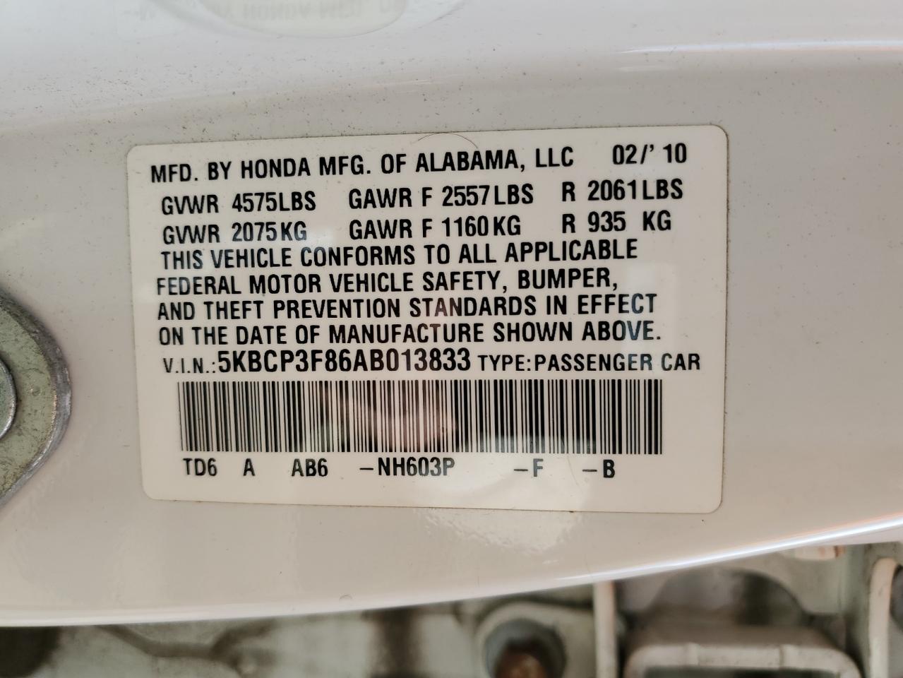 5KBCP3F86AB013833 2010 Honda Accord Exl