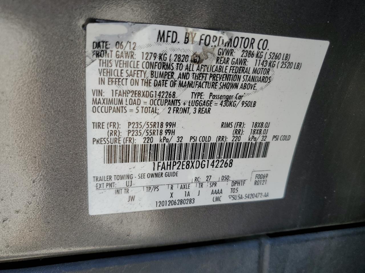 1FAHP2E8XDG142268 2013 Ford Taurus Sel