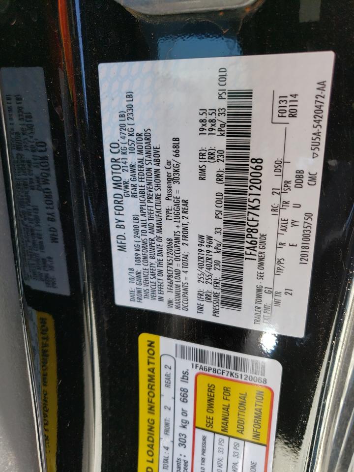 VIN: 1FA6P8CF7K5120068 2019 FORD MUSTANG