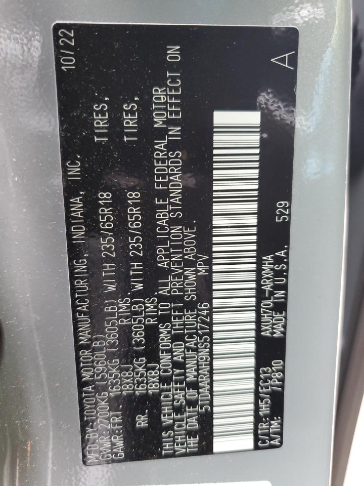 5TDAARAH9NS517246 2022 Toyota Highlander Hybrid Xle