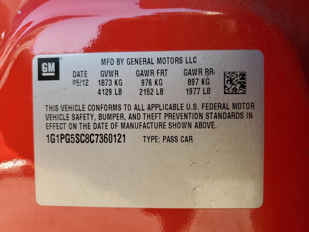 1G1PG5SC8C7360121 2012 Chevrolet Cruze Lt