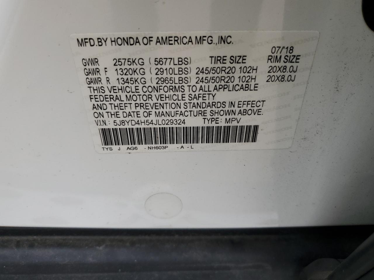 5J8YD4H54JL029324 2018 Acura Mdx Technology